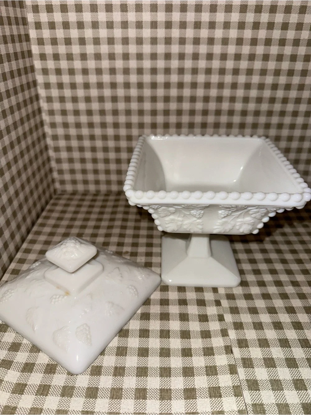 Source Unknown White Milk Glass Covered Compote with Grape Motif